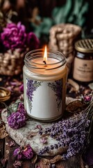 A lit candle surrounded by decorative items and flowers.