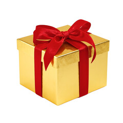 Obraz premium Isolated festive gold gift box wrapped in red velvet ribbon perfect for holiday concepts and celebrations