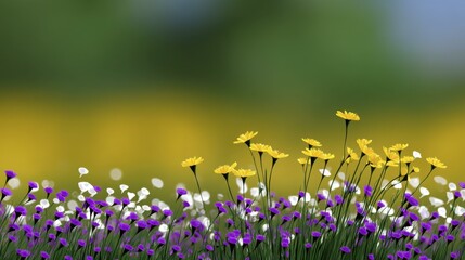 Fototapeta premium Scenic wildflower field with yellow and purple blossoms under a blurred green and yellow sky