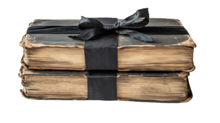 Old leather bound book wrapped with black ribbon on a transparent background
