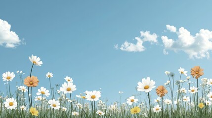 Daisy meadow under a bright sky with soft clouds and grass, floral scene with white and yellow petals