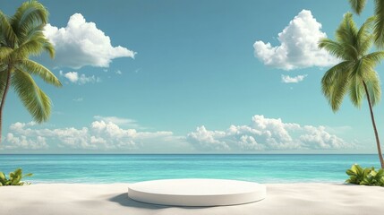Fototapeta premium Round White Pedestal on Tropical Beach with Palm Trees and Turquoise Ocean Under a Cloudy Blue Sky for Product Showcase
