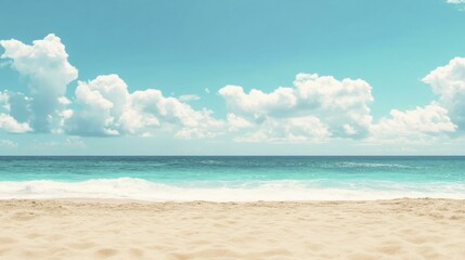 Obraz premium Serene Tropical Seascape of Turquoise Ocean with Gentle Waves, Beige Sand, and Soft Blue Sky with White Clouds