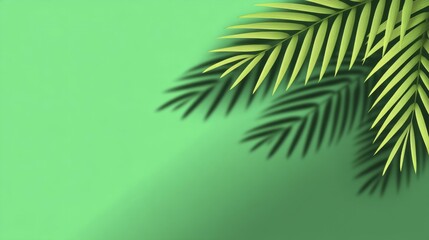 Obraz premium Palm fronds and shadows over a plain green surface offer ample space for text or graphics, ideal for a summery or tropical feel.