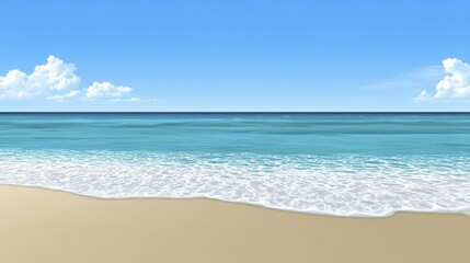 Fototapeta premium Sandy beach coastline meets turquoise ocean water under a bright blue sky with white fluffy clouds on a clear day