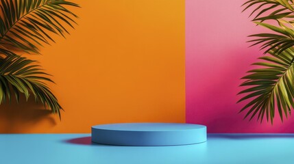 Obraz premium Presentation platform featuring palm leaves against orange and pink walls with a blue cylindrical showcase base
