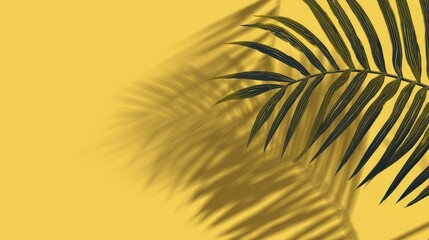Obraz premium Palm leaf frond with blurred shadow displayed against plain yellow studio backdrop for summer or tropical themes
