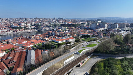 Fototapeta premium Gaia Skyline At Vila Nova De Gaia In Porto District Portugal. Coast City. Old Town Landscape. Downtown Cityscape. Gaia Skyline In Portugal. Portugal Skyline. Travel Landscape.