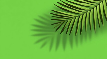 Obraz premium Minimalist green palm leaf illustration casting shadow on a solid green background with ample copy space