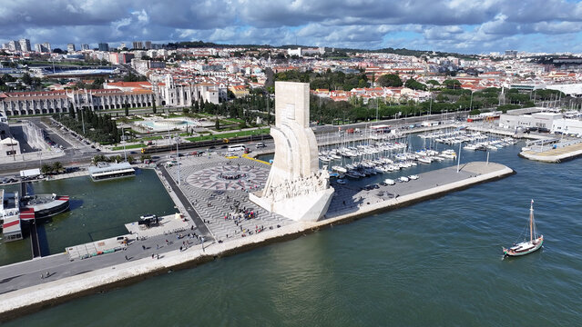 Discoveries Monument At Lisbon In District Of Lisbon Portugal. Iconic Monument. Tourism Landmark. Discoveries Monument At Lisbon In Portugal. Discovery Symbol. Tejo River Landscape. Lisbon Skyline.