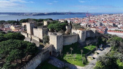 Obraz premium Sao Jorge Castle At Lisbon In Lisbon District Portugal. Medieval Castle Scenery. Ancient Cityscape. Sao Jorge Castle At Lisbon In Portugal. Historical City Landscape. Portugal Skyline.