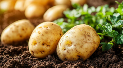 Golden sunset casts warm light over a lush potato field, with freshly harvested potatoes in the foreground, symbolizing abundance, hard work, and the beauty of sustainable agriculture.


