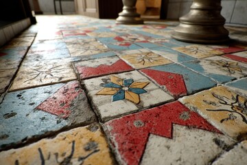 Naklejka premium A colorful patterned tile floor featuring a variety of geometric shapes and floral motifs, creating a vintage and artistic interior design with warm and vibrant colors.