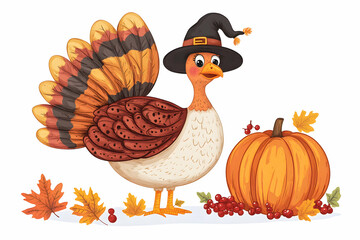 Obraz premium Colorful Turkey Illustration with Pumpkin for Holiday Projects