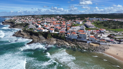 Coastal Village At Sintra In District Of Lisbon Portugal. Coastal City. Nature Landscape. Beach...