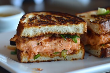 Grilled salmon sandwich, closeup