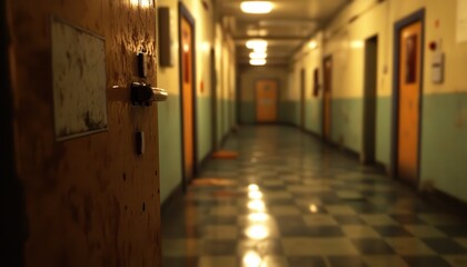 Abandoned hospital corridor.  Dimly lit, aged, and echoing