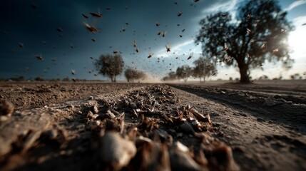 A massive swarm of locusts consuming fields and trees depicting devastation in nature