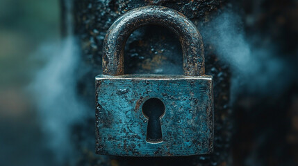 A shiny metal padlock floats within a swirling digital cloud, symbolizing secure cloud computing, data protection, and modern cybersecurity in an abstract futuristic environment.

