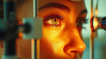 Eye exam under warm light, close-up on patient and diagnostic machine. Visual health focus, retina scan, routine checkup. World Glaucoma Week