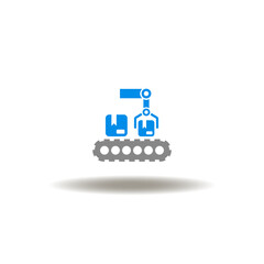 Vector illustration of automated conveyor or line belt and robotic manipulator with boxes. Symbol of mass production.