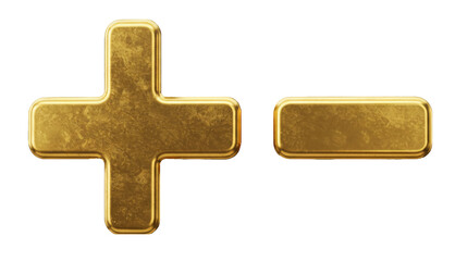 Obraz premium Golden Plus and Minus Symbols Isolated on White | Metallic Gold + and – Signs in Luxurious Style