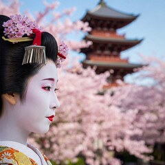 geisha in glamorous kimono in japan old town with sakura as the sign of Japanese traditional culture
