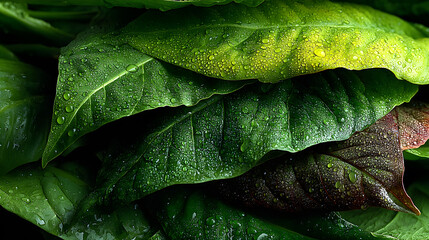 Fresh Green Leaves with Water Drops on Textured Surface