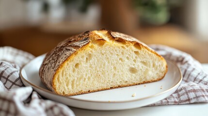 High resulation image of rustic bread slice with golden crust on a white plate.