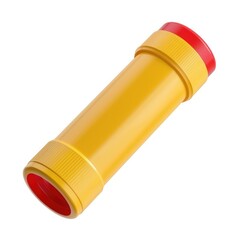 Yellow plastic cylindrical container with red accents.