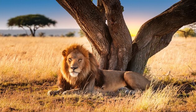 majestic lion resting beneath large tree in african savanna during vibrant sunny day