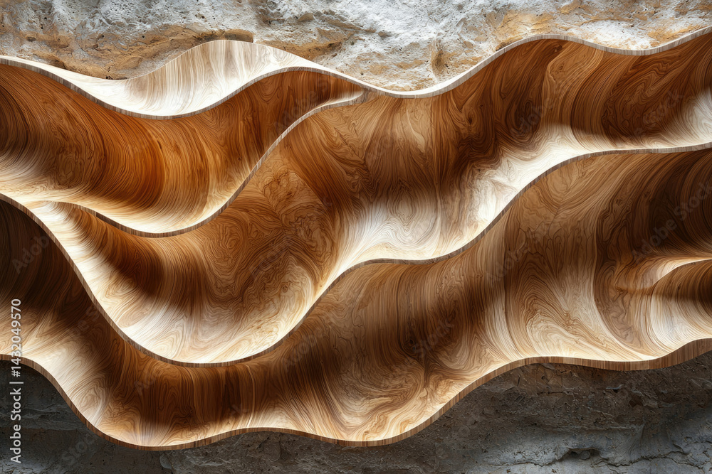Poster Abstract wooden sculpture with flowing, wave-like forms creating a mesmerizing three-dimensional texture.