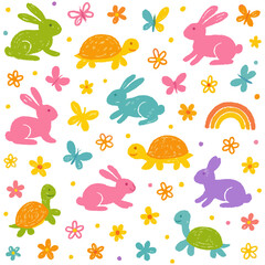 Cute Crayon Style Hare and Tortoise Seamless Pattern – Childlike Spring Doodle Background