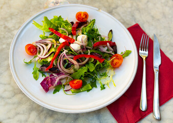 Salad with pearl mozzarella and fresh vegetables closeup
