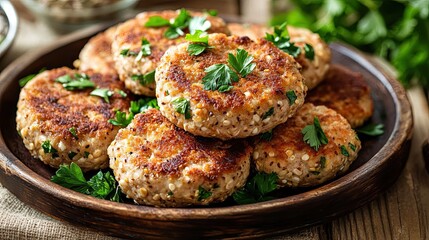 High resulation image of savory ukrainian buckwheat cutlets garnished with fresh parsley, served on a rustic plate over a wooden table, embodying comfort food.