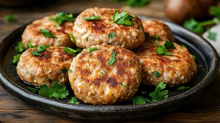 Fototapeta premium High resulation image of savory ukrainian buckwheat cutlets garnished with fresh parsley, served on a rustic plate over a wooden table, embodying comfort food.