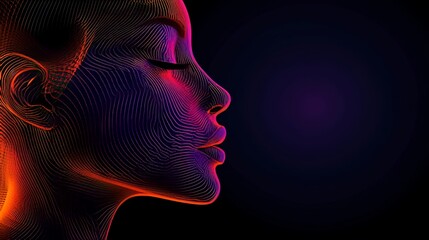 Obraz premium Neon lights and a kaleidoscope of abstract patterns serve as the backdrop for a human face in a cutting-edge digital artwork with a futuristic aesthetic