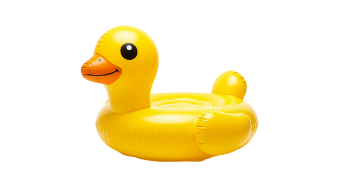 A bright yellow inflatable rubber ducky pool float with an orange beak on a black background studio shot