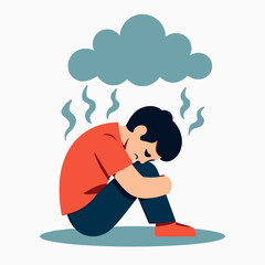 Fototapeta premium sad boy with clouds of smoke overhead