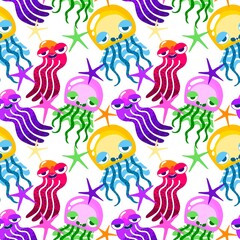 Obraz premium Summer ocean animals seamless octopus and jelly fish pattern for wrapping paper and kids print and party accessories