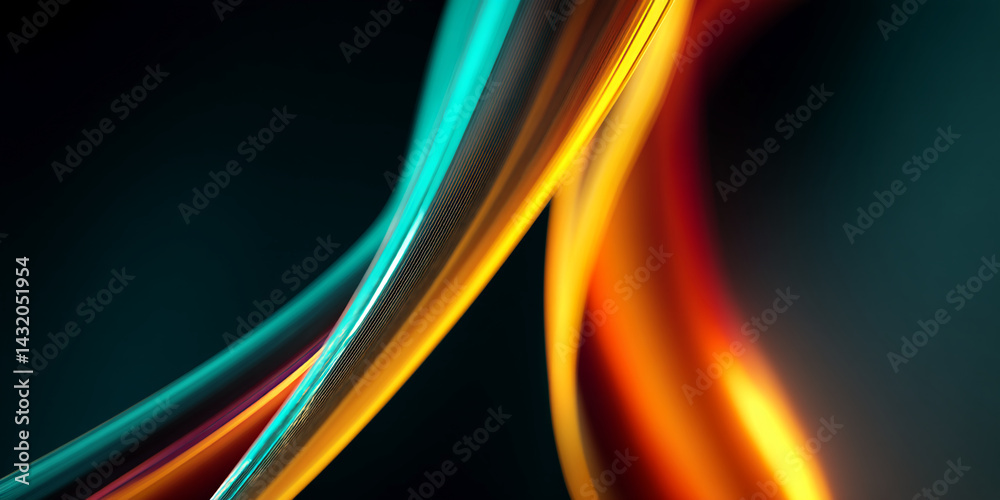 Poster abstract image of flowing teal, orange, and red lines on a dark background, suggesting movement and 