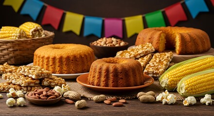 Close-up of a Festa Junina party table with corn cake, fubá cake, peanut brittle, corn on the cob, popcorn, and peanuts, arranged in a festive rustic setting
