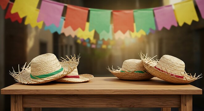 Wooden table with straw hats typical of Festa Junina, with colorful flag decorations in the background