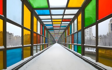 Colorful Glass Tunnel Pathway in Winter Snow