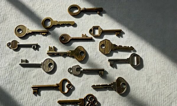 Collection of various old brass keys on white surface with shadows