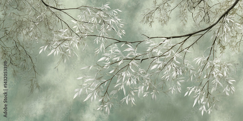 Poster white branches with delicate leaves on sage green background, creating a serene and peaceful atmosph