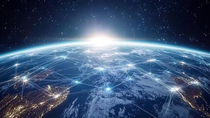 Conceptual Visualization of a Network Covering the Globe Connecting Multiple Regions Through Light Powered Digital Lines