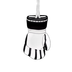 A black and white boxing glove hangs by its laces, showcasing a bold, minimalist design with striped accents and a sleek, sporty appearance.