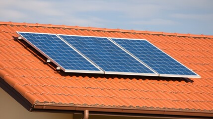 Three Solar Panels on Orange Tile Roof, Sustainable Energy Home