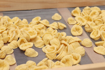 Orecchiette, a type of Italian pasta. Demonstration of the famous Apulian orecchiette common in Italy. Varieties of fresh pasta. Italian pasta in the shape of small ears. Handmade orecchiette pasta